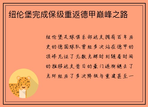 纽伦堡完成保级重返德甲巅峰之路